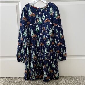 Mini Boden Twirly Cotton Dress, College Navy Festive Woodland